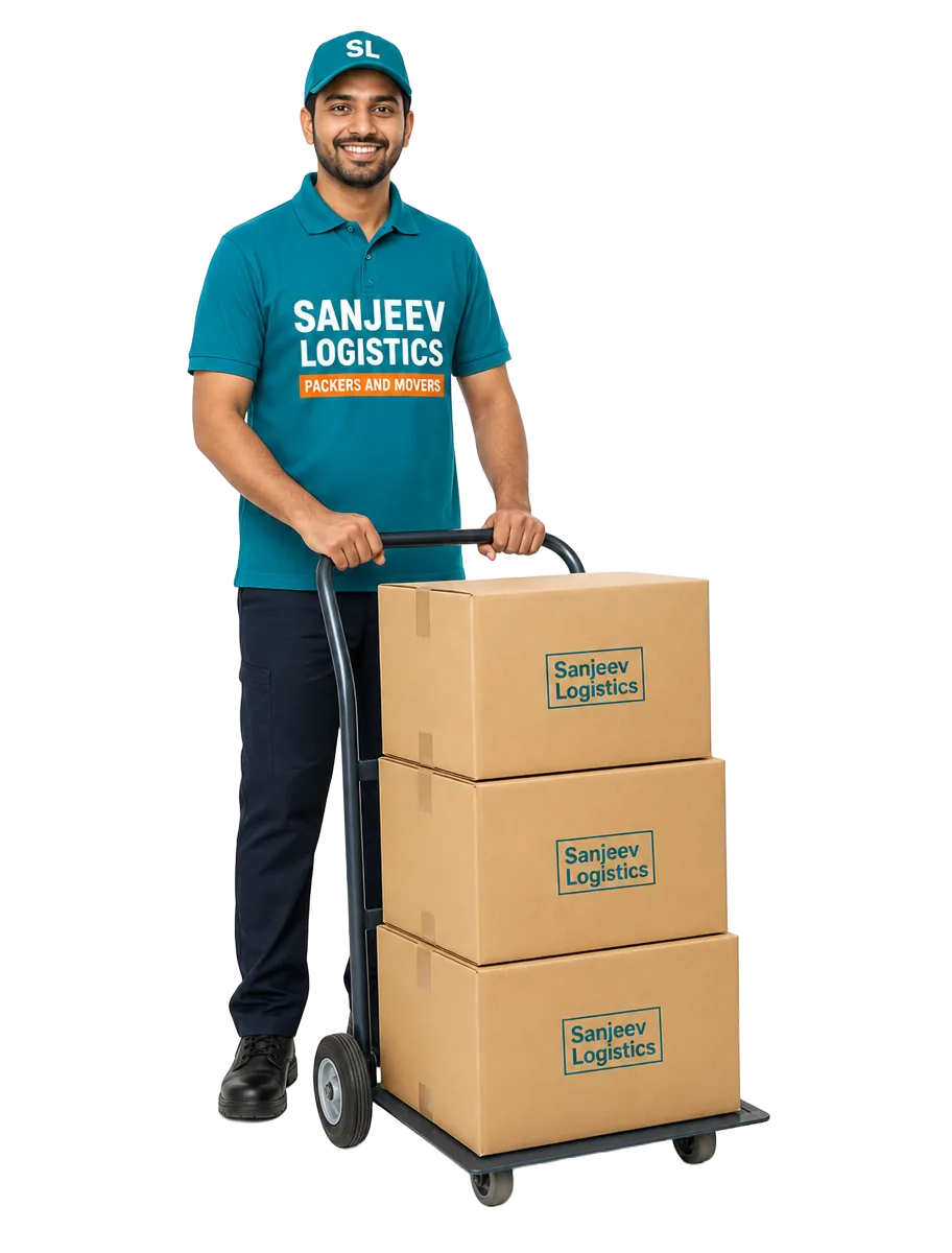 Sanjeev Logistics — Packers and Movers team member pushing a hand truck of boxes